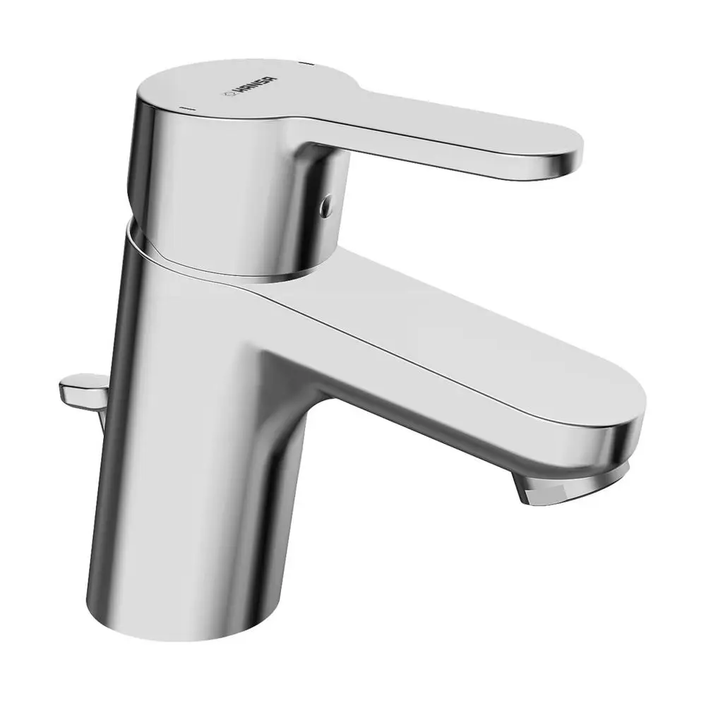 Einhebelmischer aus Chrom von HANSA mit seitlichem Ablauf, klarer Linienführung und einem ergonomischen Griff. Ideal für moderne Waschbecken installiert.